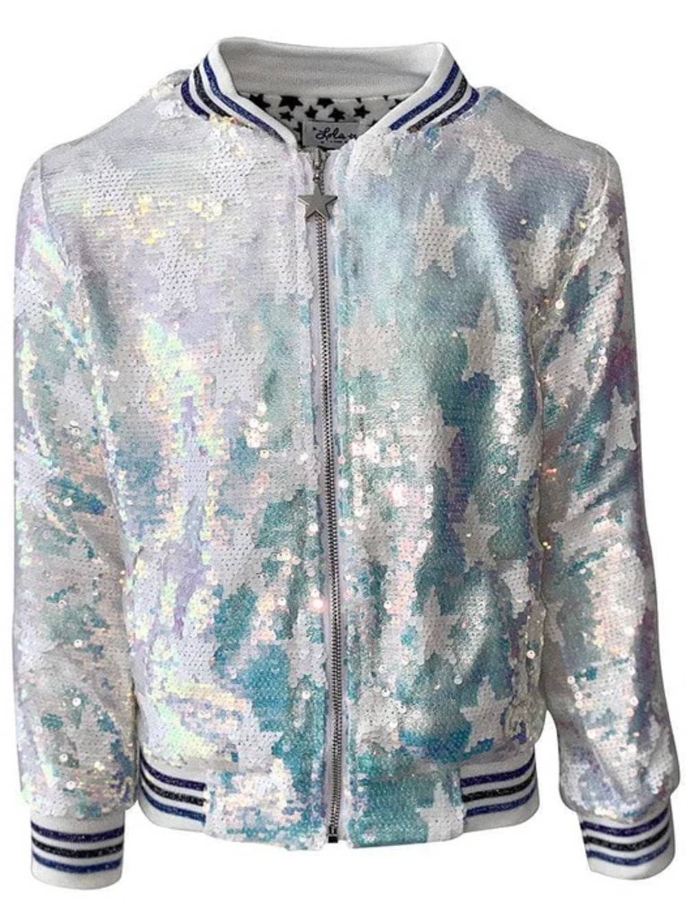 Women’s Iridescent Sequin Star Bomber Jacket - White/Blue LOLA & THE BOYS